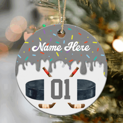 Personalized ice hockey ornament with player name and number, a perfect Christmas or team keepsake for hockey players and coaches.