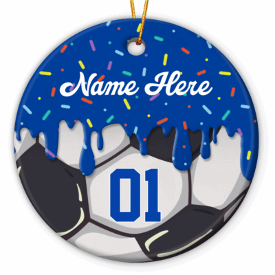 Custom soccer ornament with player name and number, a meaningful Christmas keepsake for soccer players, coaches, and teams.