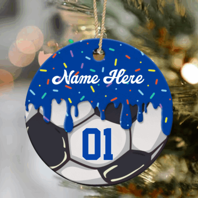 Custom soccer ornament with player name and number, a meaningful Christmas keepsake for soccer players, coaches, and teams.