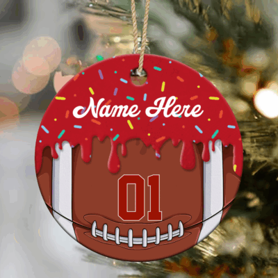 Custom football ornament with player name and number, a meaningful Christmas keepsake for football players, coaches, and teams.