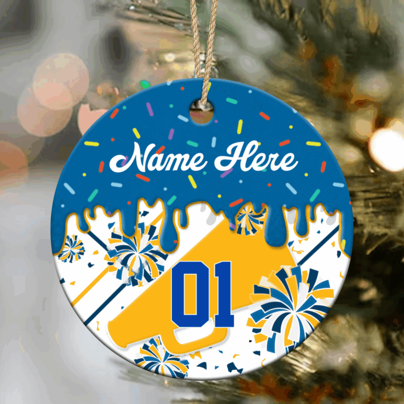 Custom cheerleader ornament with name and number, personalized Christmas keepsake for cheer team members.