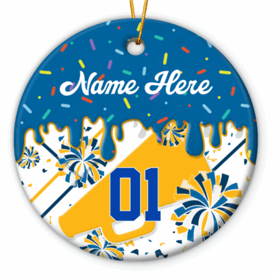 Custom cheerleader ornament with name and number, personalized Christmas keepsake for cheer team members.