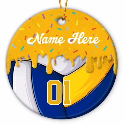 Personalized volleyball ornament with name and number, perfect Christmas gift for volleyball players or team keepsake.