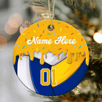 Personalized volleyball ornament with name and number, perfect Christmas gift for volleyball players or team keepsake.
