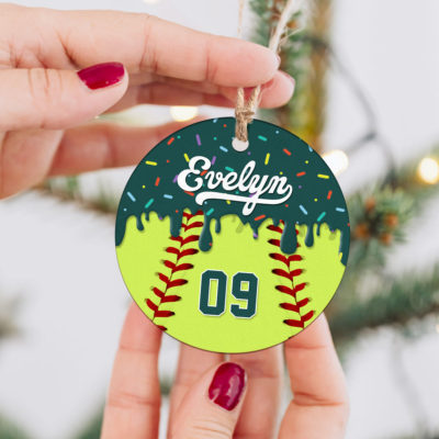 Personalized softball ornament with custom player name and number, perfect Christmas or end-of-season gift for softball players or teams.