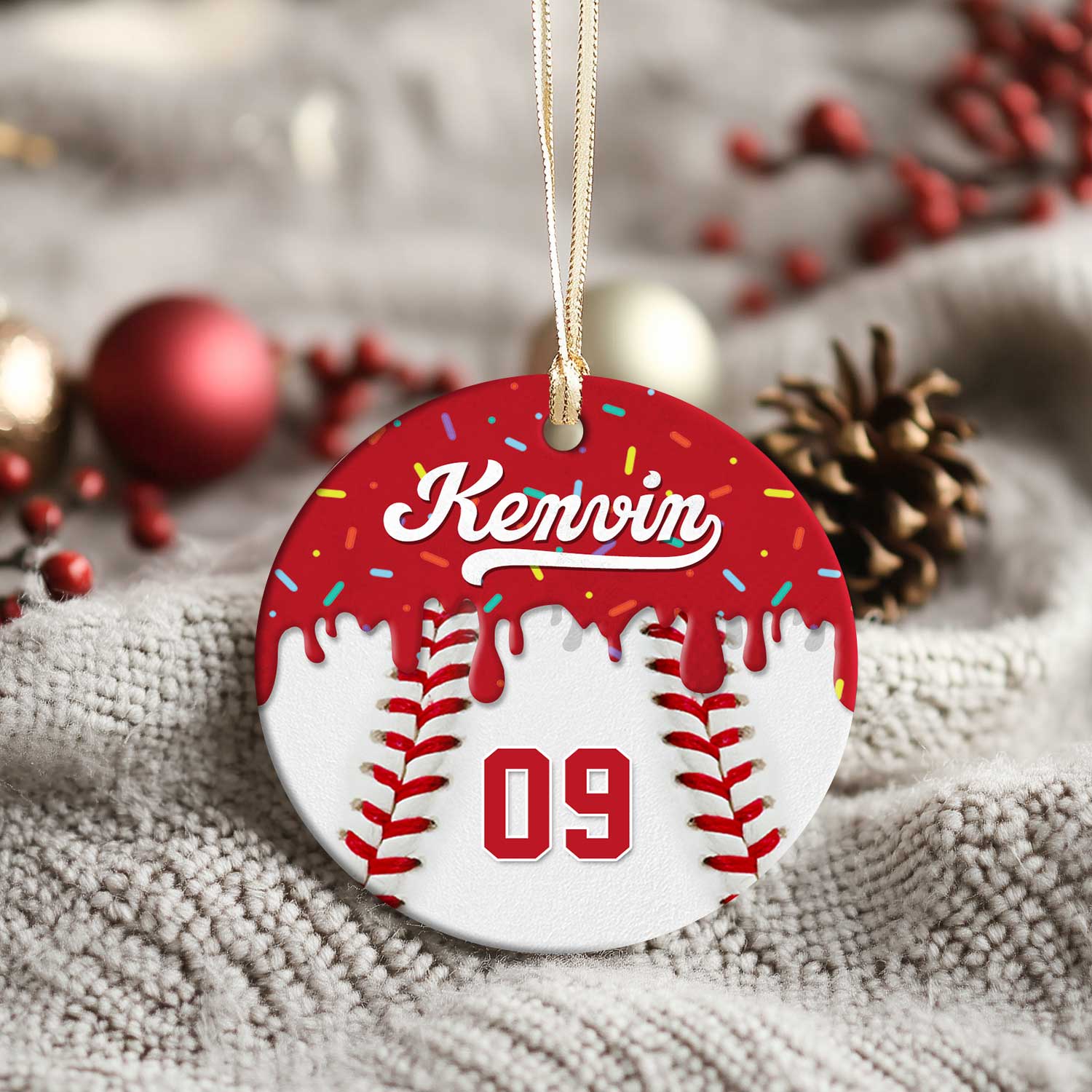 Personalized baseball ornament featuring custom player name and number, a perfect Christmas or team gift for baseball players and coaches.