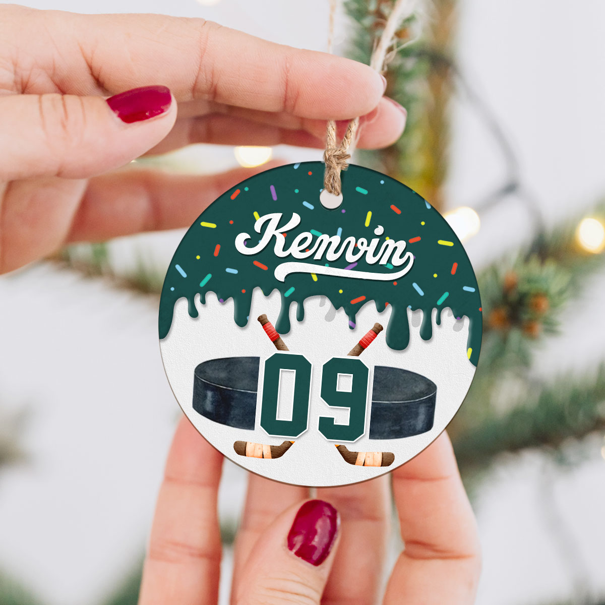 Personalized ice hockey ornament with player name and number, a perfect Christmas or team keepsake for hockey players and coaches.
