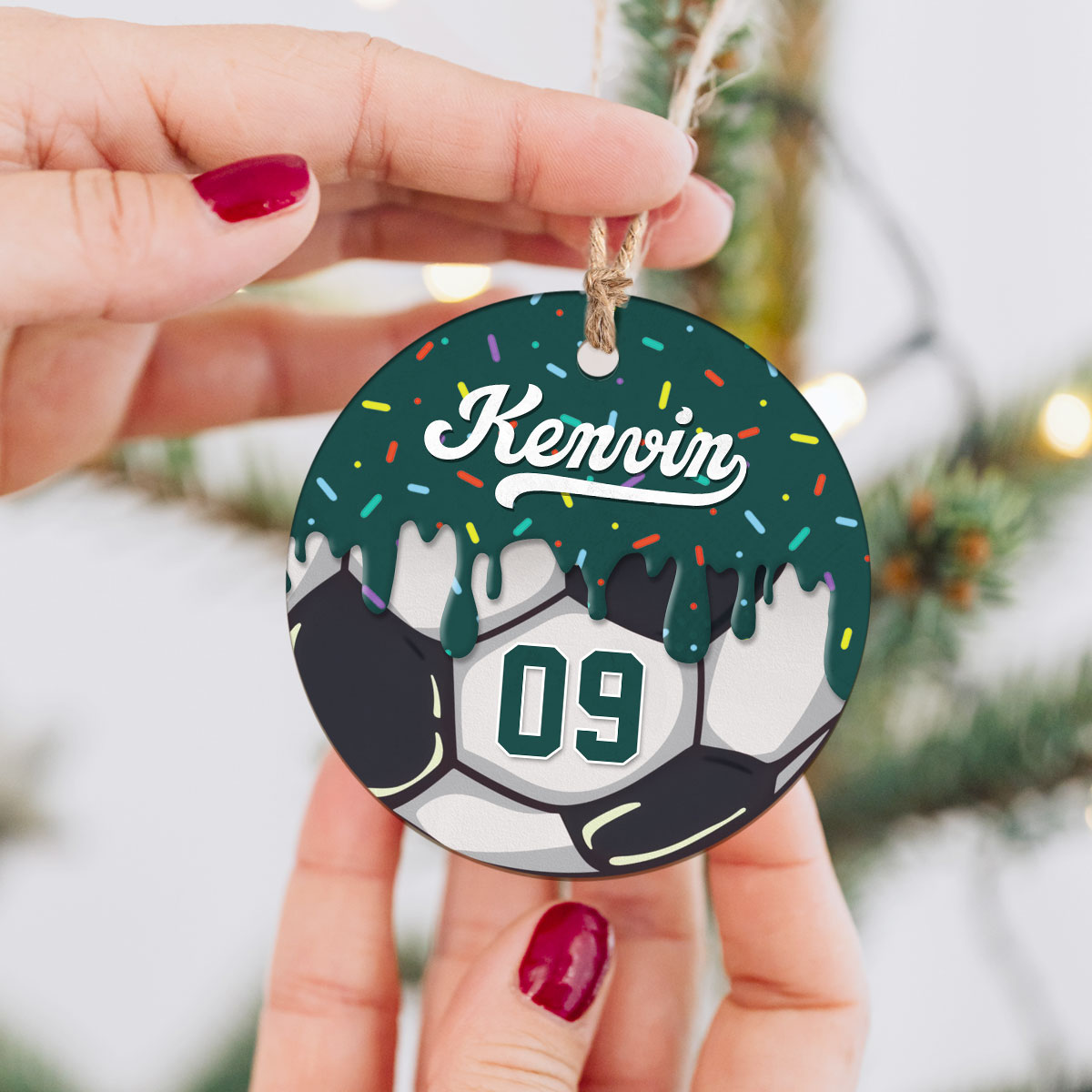 Custom soccer ornament with player name and number, a meaningful Christmas keepsake for soccer players, coaches, and teams.