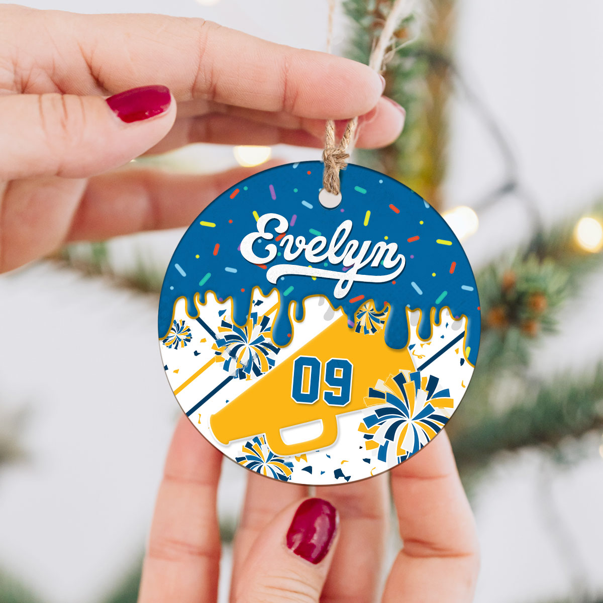 Custom cheerleader ornament with name and number, personalized Christmas keepsake for cheer team members.