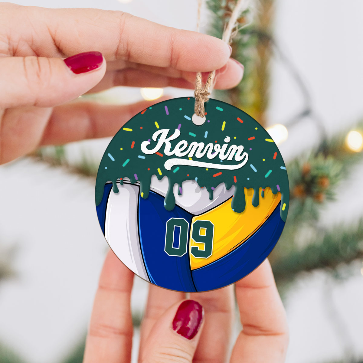 Personalized volleyball ornament with name and number, perfect Christmas gift for volleyball players or team keepsake.