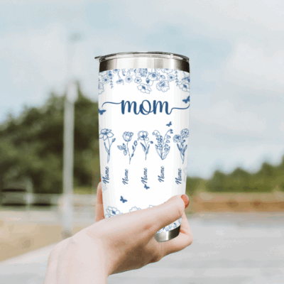 Personalized birth month tumbler with kids’ names, custom Christmas gift for mom.