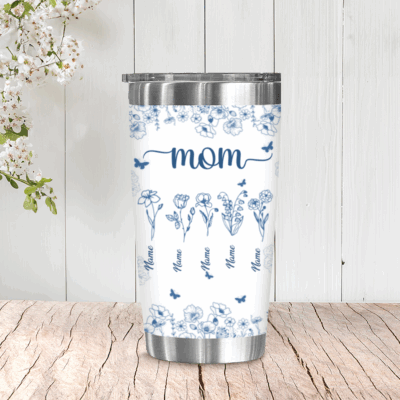 Personalized birth month tumbler with kids’ names, custom Christmas gift for mom.