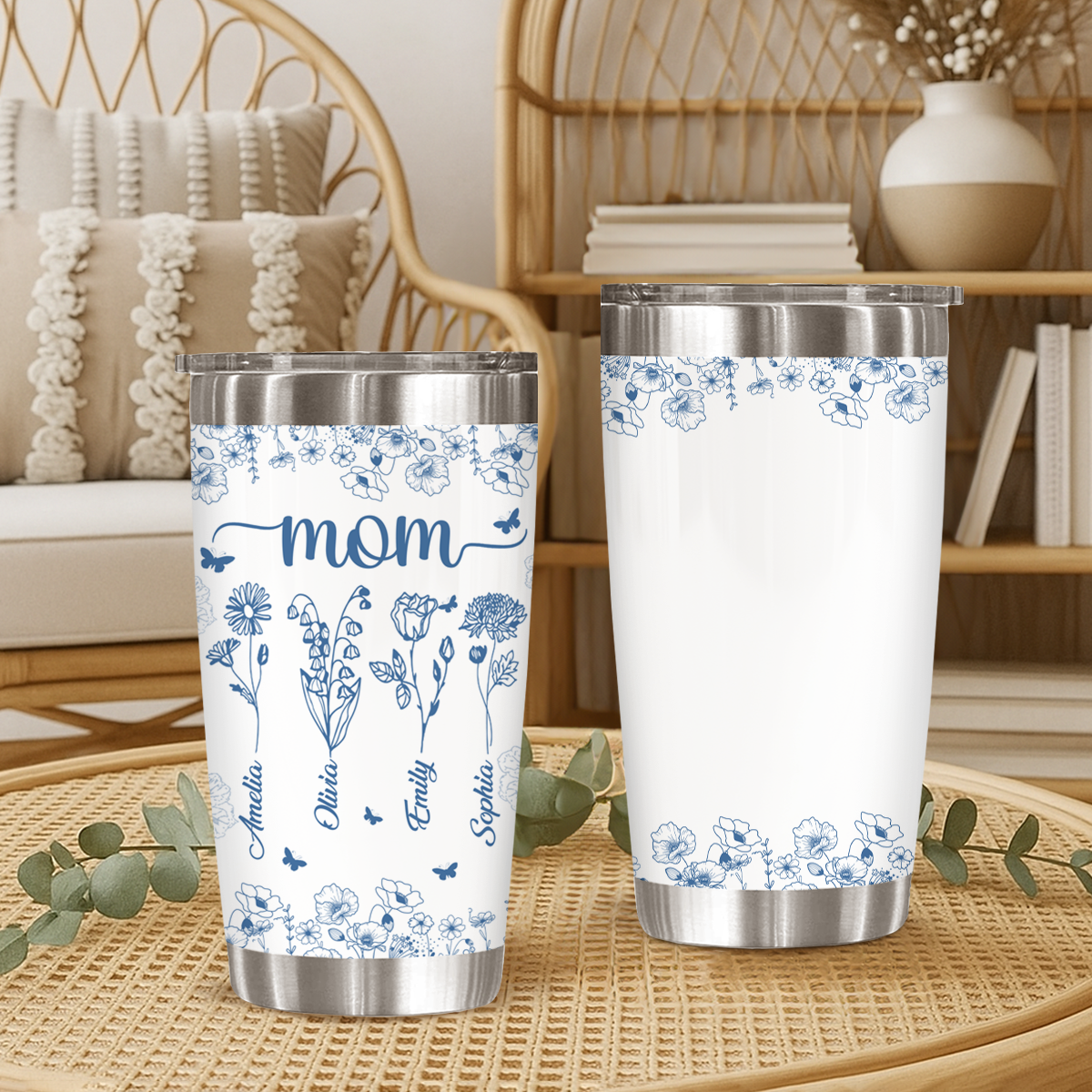 Personalized floral birth month tumbler with kids’ names, custom Christmas gift for mom.