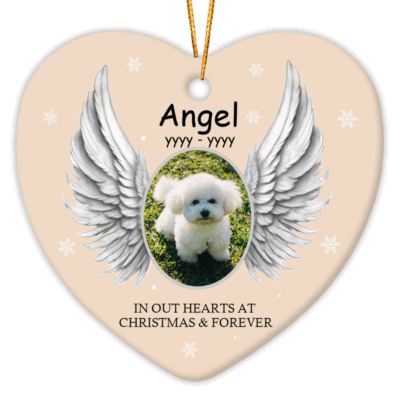 Personalized Dog Memorial Heart Ornament - Pet Sympathy Gift with angel wings design, featuring a customizable pet photo, name, and years.