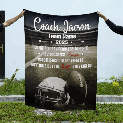 Football Coach Blanket - Personalized Gift for Coach with a stadium background, customizable coach name, team name, and year. It is a perfect gift for football coaches.