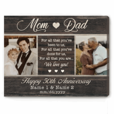 Personalized 50th anniversary Then & Now photo canvas, golden wedding keepsake for parents.