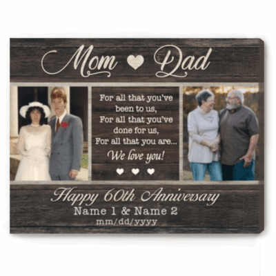 Personalized 60th anniversary Then & Now photo canvas gift for parents, diamond wedding keepsake.