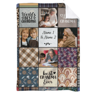 Personalized grandma blanket with photos and grandkids’ names, perfect Christmas or birthday gift for Nana or Mimi.