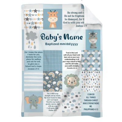 Personalized Christian baby blanket with Bible verse, name, and date — baptism or christening gift keepsake.