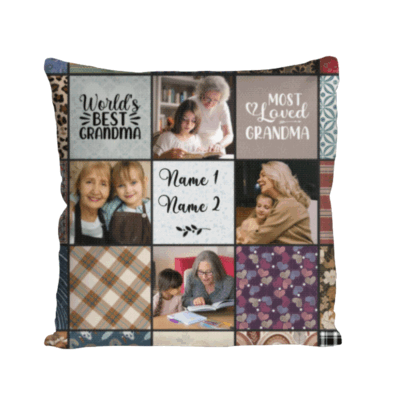 Personalized grandma photo pillow, sentimental Christmas gift from grandkids, custom keepsake cushion.