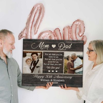 Personalized 50th anniversary Then & Now photo canvas, golden wedding keepsake for parents.