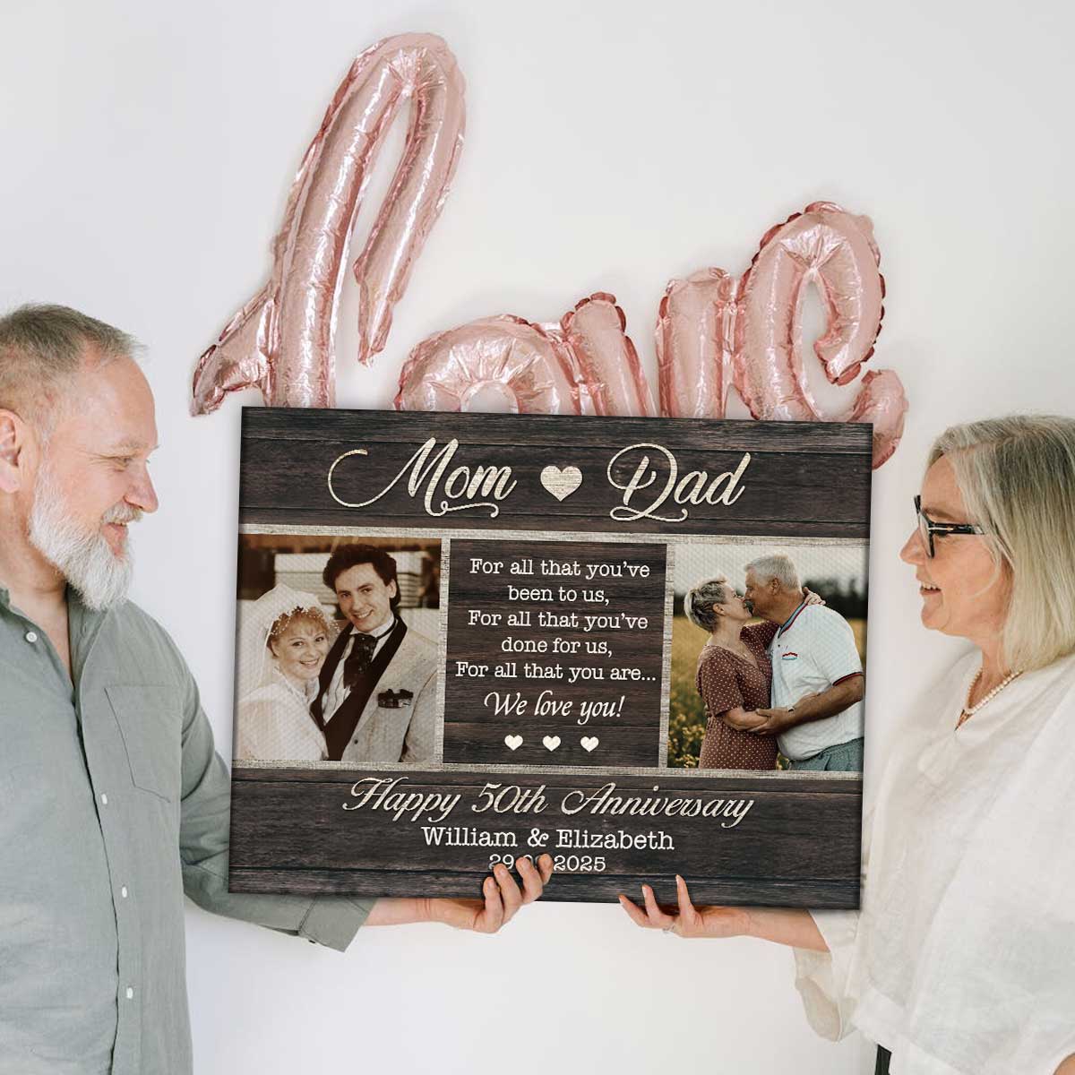 Personalized 50th anniversary Then & Now photo canvas, golden wedding keepsake for parents.