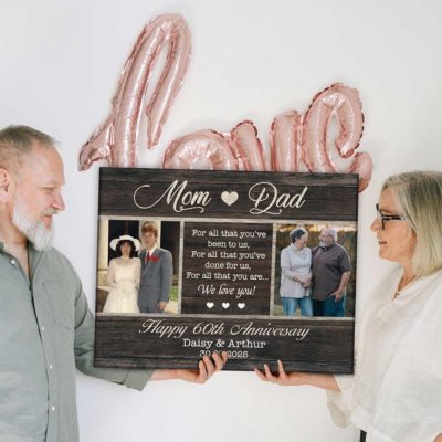 Personalized 60th anniversary Then & Now photo canvas gift for parents, diamond wedding keepsake.
