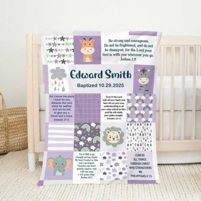 Personalized Christian baby blanket with Bible verse, name, and date — baptism or christening gift keepsake.