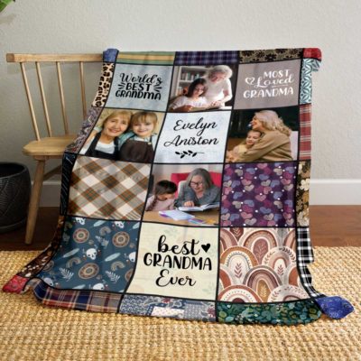 Personalized grandma blanket with photos and grandkids’ names, perfect Christmas or birthday gift for Nana or Mimi.