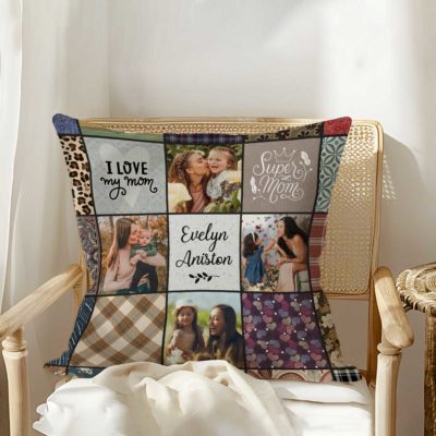 Personalized mom photo pillow, sentimental Christmas gift from kids, custom keepsake home decor.
