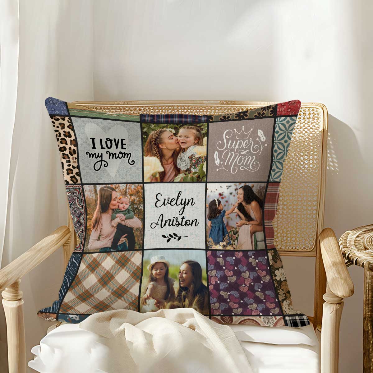 Personalized mom photo pillow, sentimental Christmas gift from kids, custom keepsake home decor.