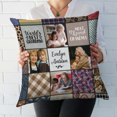 Personalized grandma photo pillow, sentimental Christmas gift from grandkids, custom keepsake cushion.