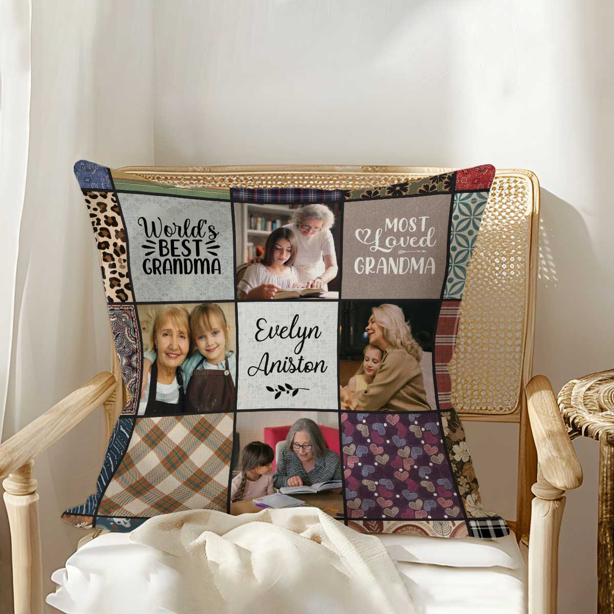 Personalized grandma photo pillow, sentimental Christmas gift from grandkids, custom keepsake cushion.