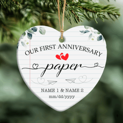 Personalized first anniversary ornament with names and date, romantic paper wedding keepsake gift for husband and wife.
