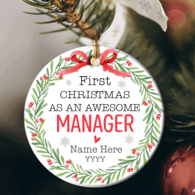 Personalized First Christmas as a Manager ornament with name and year, custom promotion keepsake gift for new boss or manager.
