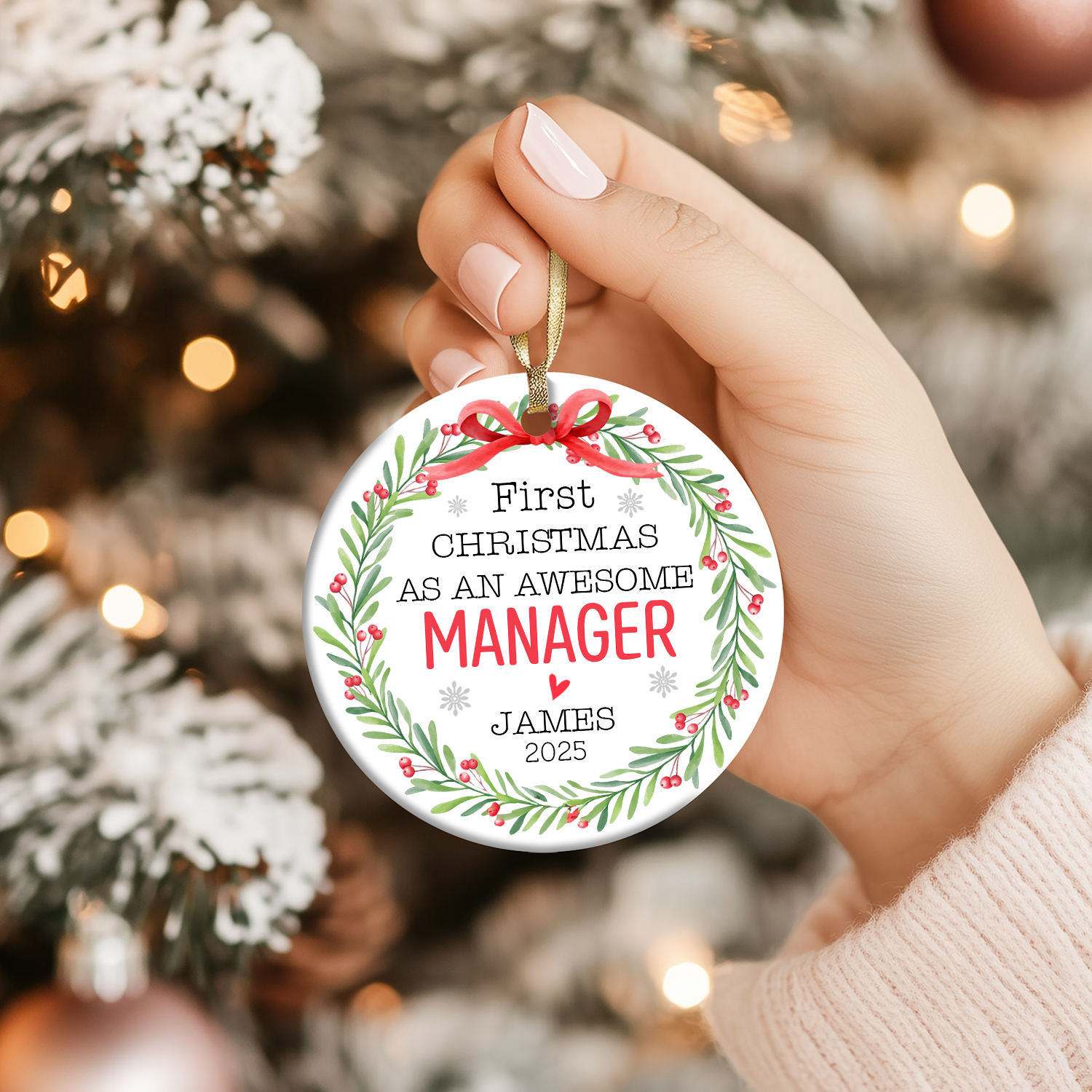 First Christmas as a Manager Ornament – Personalized Christmas Ornament for New Manager, Custom Gift for Boss, Promotion Keepsake Decoration 1 Personalized First Christmas as a Manager ornament with name and year, custom promotion keepsake gift for new boss or manager.