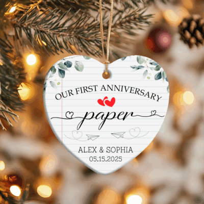 Personalized first anniversary ornament with names and date, romantic paper wedding keepsake gift for husband and wife.