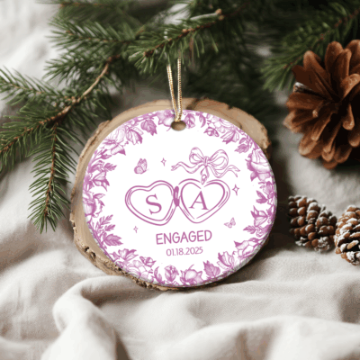 Personalized engagement ornament with names and date, first Christmas engaged keepsake gift for couple.
