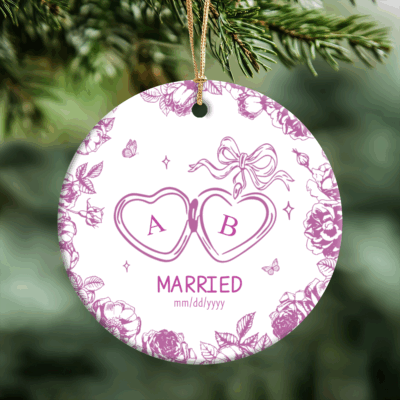 Personalized married ornament with names and date, first Christmas married keepsake gift for bride and groom.