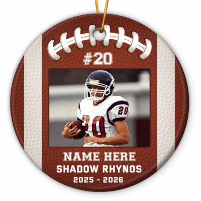 Personalized Football Photo Ornament - Sport Gift for Player featuring player image, name, team, and number on a brown football-shaped design, custom Christmas sport gift for football players.