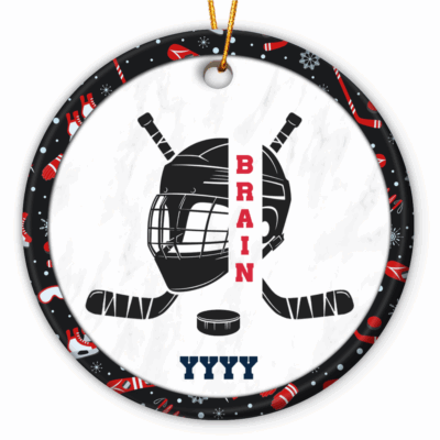 Personalized Hockey Ornament - Sport Gift for Player featuring a helmet, crossed sticks, and puck design with customizable name and year, hanging on a Christmas tree - perfect Christmas gift for hockey players and fans.