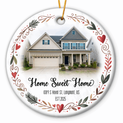 Custom Our First Home Ornament - Christmas First Home Gift featuring a custom house photo, address, and year with the quote Home Sweet Home or Our first home, surrounded by a festive leaf and heart border - perfect Christmas or housewarming gift.