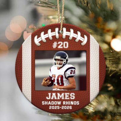 Personalized Football Photo Ornament - Sport Gift for Player featuring player image, name, team, and number on a brown football-shaped design, custom Christmas sport gift for football players.