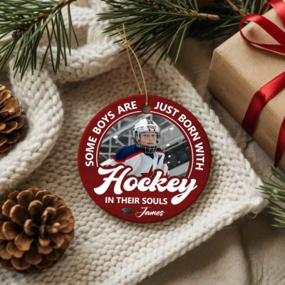 Personalized Hockey Photo Ornament - Sport Gift for Player featuring player image, name, and the quote “Some boys are just born with hockey in their souls,” custom Christmas gift for hockey lovers.
