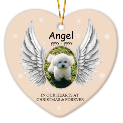 Personalized Dog Memorial Heart Ornament - Pet Sympathy Gift with angel wings design, featuring a customizable pet photo, name, and years.