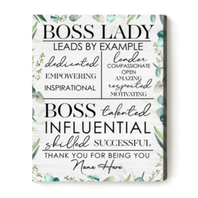 Personalized Boss Lady Wall Art, motivational gift for female boss, custom appreciation canvas for office or workspace.