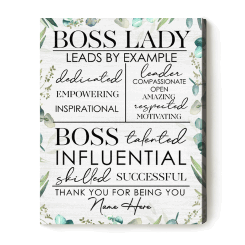 Personalized Boss Lady Wall Art, motivational gift for female boss, custom appreciation canvas for office or workspace.