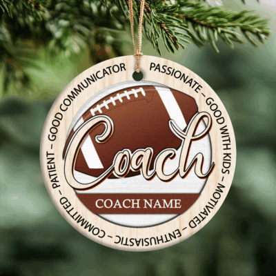 Personalized football coach Christmas ornament with custom name, perfect appreciation gift from team.