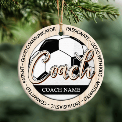 Personalized soccer coach Christmas ornament with custom name, unique appreciation gift from team.