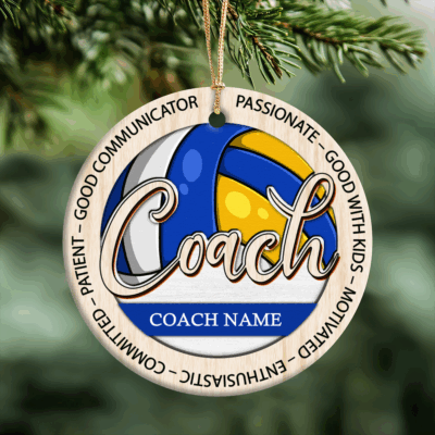 Personalized volleyball coach Christmas ornament with custom name and team, appreciation gift from players.